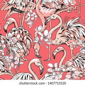 Exotic Seamless pattern. Pink Flamingos and Cherry flowers on a coral color background. Textile composition, hand drawn style print. Vector illustration.