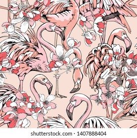 Exotic Seamless pattern. Pink Flamingos and Cherry flowers on a light beige background. Textile composition, hand drawn style print. Vector illustration.