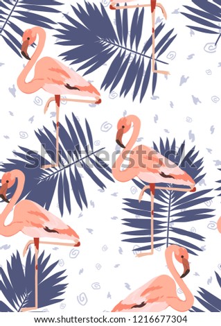 Exotic seamless pattern with pink flamingos and tropical leaves. Summer background with plants and birds.