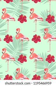 Exotic seamless pattern with pink flamingos,tropical leaves and hibiscus. Summer background with plants and birds.