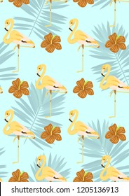 Exotic seamless pattern with pink flamingos,tropical leaves and hibiscus. Summer background with plants and birds.