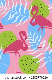 Exotic seamless pattern with pink flamingos,tropical leaves and hibiscus. Summer background with plants and birds.