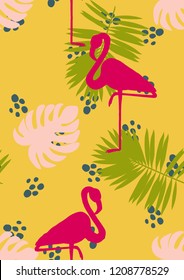 Exotic seamless pattern with pink flamingos,tropical leaves and hibiscus. Summer background with plants and birds.