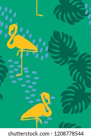 Exotic seamless pattern with pink flamingos,tropical leaves and hibiscus. Summer background with plants and birds.