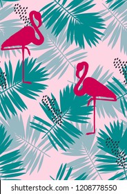 Exotic seamless pattern with pink flamingos,tropical leaves and hibiscus. Summer background with plants and birds.