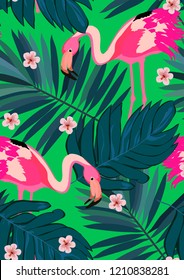 Exotic seamless pattern with pink flamingos,tropical leaves and hibiscus. Summer background with plants and birds.