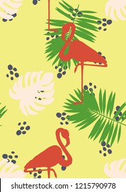Exotic seamless pattern with pink flamingos,tropical leaves and hibiscus. Summer background with plants and birds.