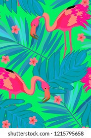 Exotic seamless pattern with pink flamingos,tropical leaves and hibiscus. Summer background with plants and birds.