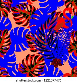Exotic seamless pattern with pink flamingos,tropical leaves. Summer background with plants and birds.