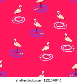 Exotic seamless pattern with pink flamingos,tropical leaves. Summer background with plants and birds.