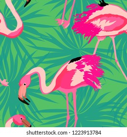 Exotic seamless pattern with pink flamingos,tropical leaves. Summer background with plants and birds.