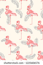 Exotic seamless pattern with pink flamingos,tropical leaves. Summer background with plants and birds.