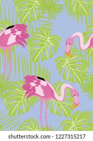 Exotic seamless pattern with pink flamingos,tropical leaves. Summer background with plants and birds.