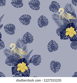Exotic seamless pattern with pink flamingos,tropical leaves and hibiscus. Summer background with plants and birds.