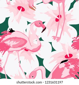 Exotic seamless pattern with pink flamingos,tropical leaves and hibiscus. Summer background with plants and birds.