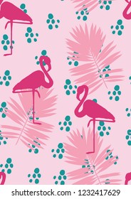 Exotic seamless pattern with pink flamingos,tropical leaves. Summer background with plants and birds.