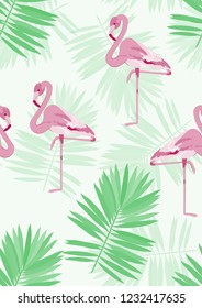 Exotic seamless pattern with pink flamingos,tropical leaves. Summer background with plants and birds.
