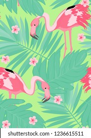 Exotic seamless pattern with pink flamingos,tropical leaves and hibiscus. Summer background with plants and birds.