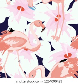 Exotic seamless pattern with pink flamingos,tropical leaves and hibiscus. Summer background with plants and birds.