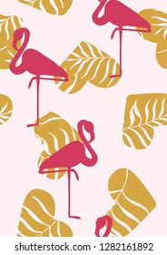 Exotic seamless pattern with pink flamingos,tropical leaves. Summer background with plants and birds.