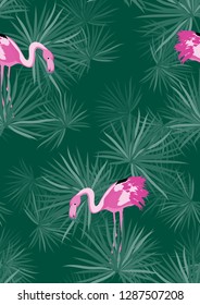 Exotic seamless pattern with pink flamingos,tropical leaves. Summer background with plants and birds.