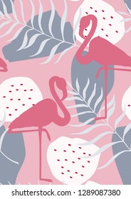 Exotic seamless pattern with pink flamingos,tropical leaves. Summer background with plants and birds.