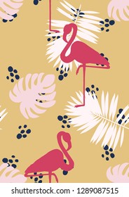 Exotic seamless pattern with pink flamingos,tropical leaves. Summer background with plants and birds.