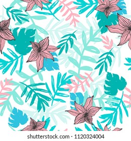 Exotic Seamless Pattern Print , Palm and Leaves Background 