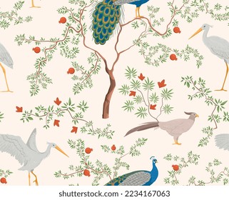 Exotic seamless pattern. Repeating design element for printing on fabric. Flora and fauna, bird and tree branches. Nature and wild life, spring and summer season. Cartoon flat vector illustration