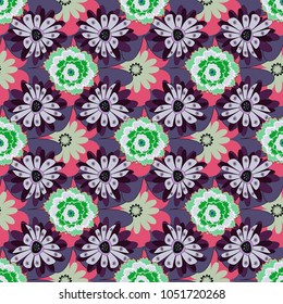 Exotic seamless pattern in retro style. Hand drawn vector illustration in blue, brown and green colors. Abstract print with stylized random elements and flowers.