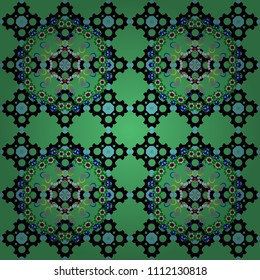 Exotic seamless pattern in retro style. Hand drawn vector illustration in blue, green and black colors. Abstract print with stylized random elements and flowers.