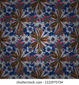Exotic seamless pattern in retro style. Hand drawn vector illustration in blue, brown and gray colors. Abstract print with stylized random elements and flowers.