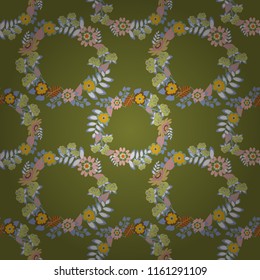 Exotic seamless pattern in retro style. Hand drawn vector illustration in green, blue and purple colors. Abstract print with stylized random elements and flowers.