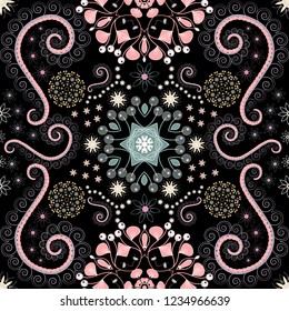 Exotic seamless pattern in retro style. Abstract print with stylized random elements and flowers. Hand drawn vector illustration in pink, gray and black colors.