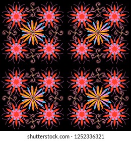 Exotic seamless pattern in retro style. Hand drawn vector illustration in orange, black and pink colors. Abstract print with stylized random elements and flowers.