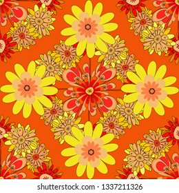 Exotic seamless pattern in retro style. Abstract print with stylized random elements and flowers. Hand drawn vector illustration in yellow, red and orange colors.