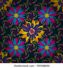 Exotic seamless pattern in retro style. Hand drawn vector illustration in blue, black and brown colors. Abstract print with stylized random elements and flowers.