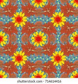Exotic seamless pattern in retro style. Hand drawn vector illustration in orange, blue and yellow colors. Abstract print with stylized random elements and flowers.