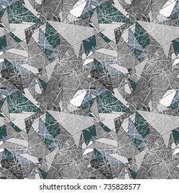 Exotic seamless pattern in retro style. Hand drawn vector illustration in brown, green and gray colors. Abstract print with stylized random elements and flowers.