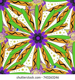 Exotic seamless pattern in retro style. Hand drawn vector illustration in white, green and yellow colors. Abstract print with stylized random elements and flowers.