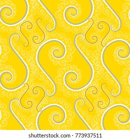 Exotic seamless pattern in retro style. Hand drawn vector illustration in white and yellow colors. Abstract print with stylized random elements and flowers.