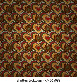 Exotic seamless pattern in retro style. Hand drawn vector illustration in green, red and yellow colors. Abstract print with stylized random elements and flowers.