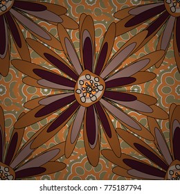 Exotic seamless pattern in retro style. Hand drawn vector illustration in orange, beige and brown colors. Abstract print with stylized random elements and flowers.