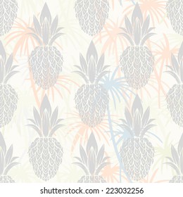 Exotic seamless pattern with silhouettes coconut palm trees and pineapples. Abstract tropical hand drawn background texture. Cloth art design