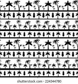 Exotic seamless pattern with silhouettes coconut palm trees and pineapples. Borders. Abstract tropical hand drawn background texture. Cloth art design
