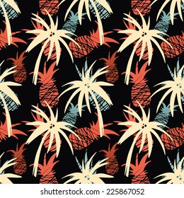 Exotic seamless pattern with silhouettes coconut palm trees and pineapples. Abstract tropical hand drawn background texture. Cloth art design