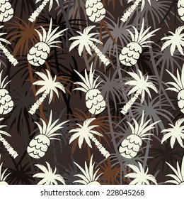 Exotic seamless pattern with silhouettes coconut palm trees and pineapples. Abstract tropical hand drawn background texture. Cloth art design