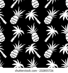 Exotic seamless pattern with silhouettes coconut palm trees and pineapples in black and white. Abstract tropical hand drawn background texture. Cloth art design