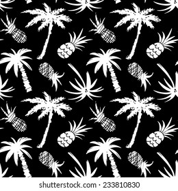 Exotic seamless pattern with silhouettes coconut palm trees and pineapples in black and white. Abstract tropical hand drawn background texture. Cloth art design