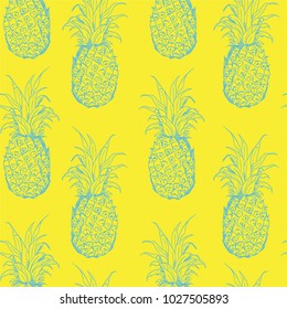 Exotic seamless pattern with silhouettes tropical fruit outline blue pineapples. Food hand drawn repeating background. Abstract print texture. Cloth art design on vivid yellow background
